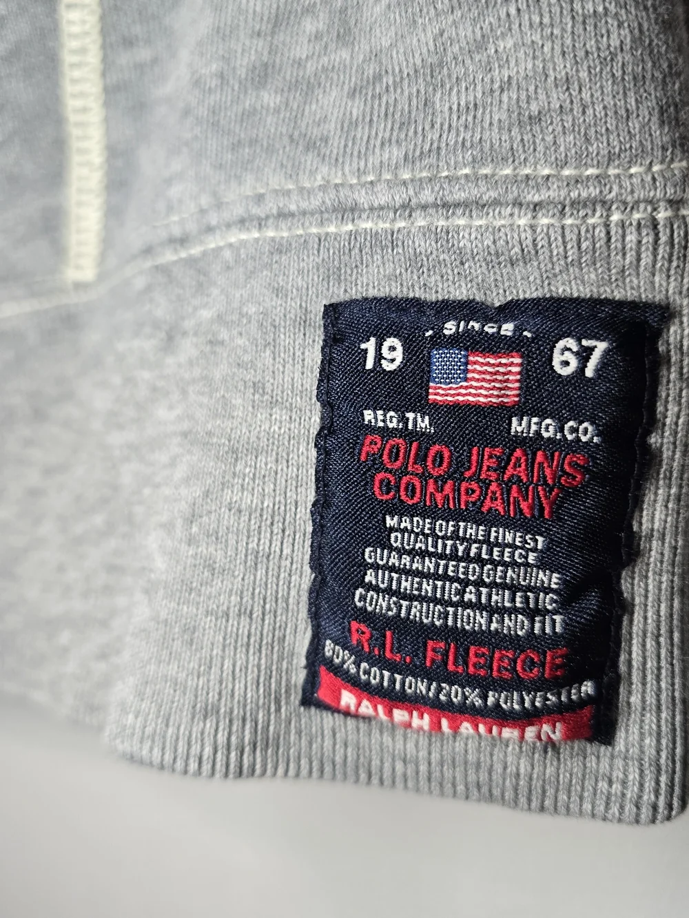 Ralph Lauren Men's Grey Chenille RL Patch Zip Fleece Hoodie Y2k